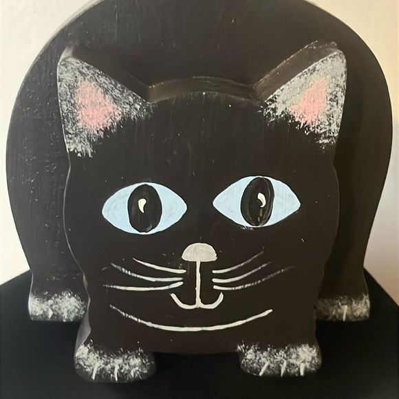 Hand Painted Wooden Crouching Black Cat Vintage 1990s Shelf Sitter Signed - Picture 5 of 5